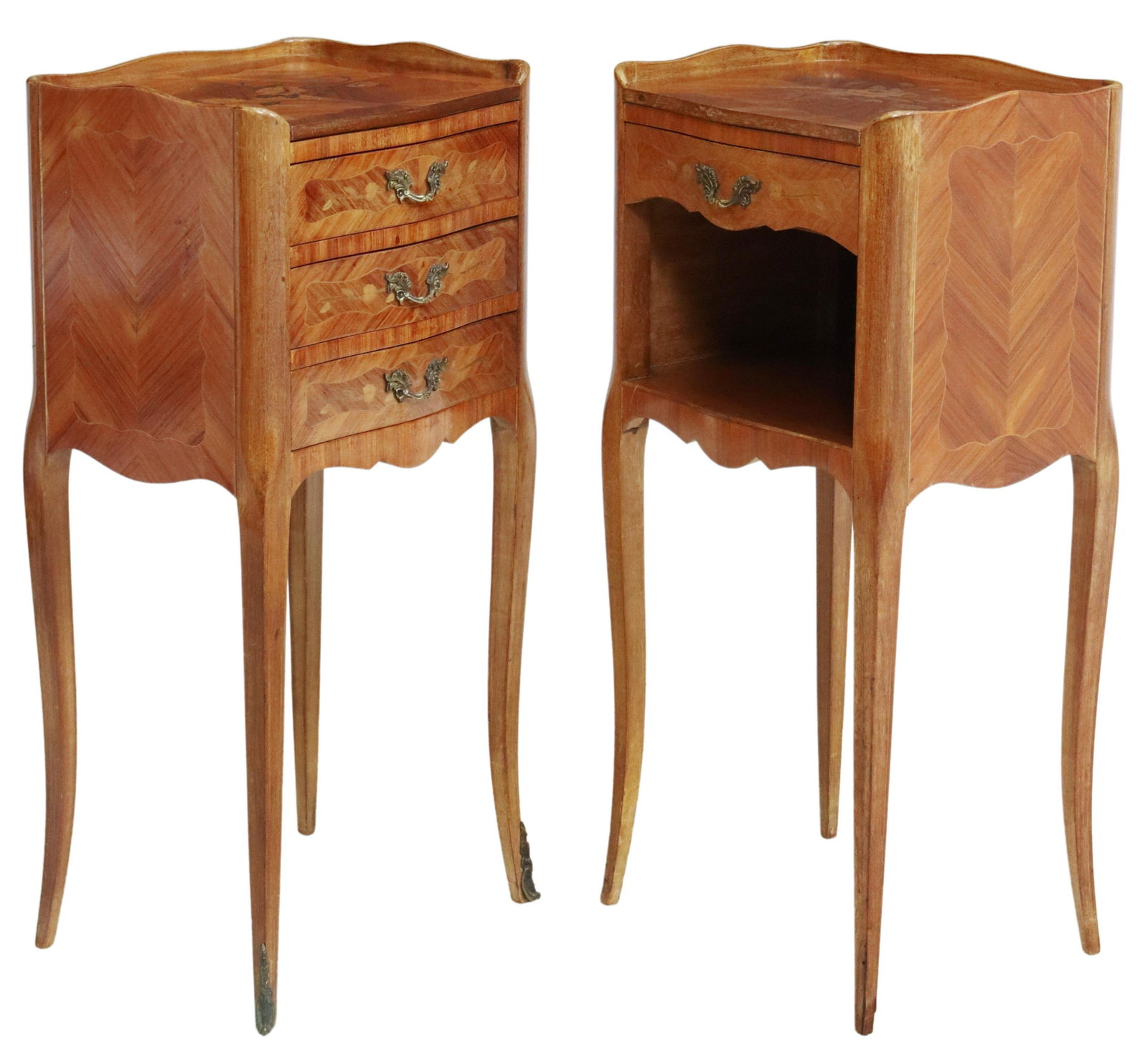(2) FRENCH LOUIS XV STYLE MARQUETRY NIGHTSTANDS: (lot of 2) French Louis XV style nightstands, 20th c., in varied designs, both having floral marquetry, scalloped gallery, rising on cabriole legs, (one) fitted with three drawers, ending on sabots, (
