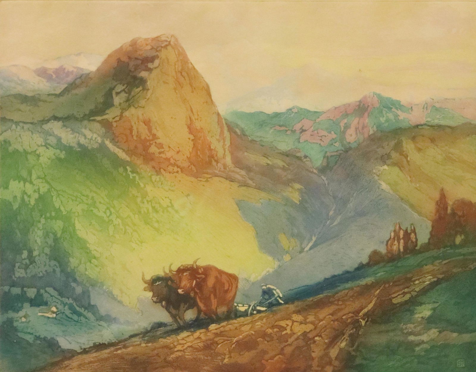 JOHN WESLEY COTTON (1868-1931) AQUATINT ETCHING: Framed aquatint etching on paper, "Toilers of the Pyrenees," signed lower right J. Cotton (John Wesley Cotton, Canadian-American, 1868-1931), numbered 16/ 100, sight: approx 14.5"h, 18.25"w, overall: