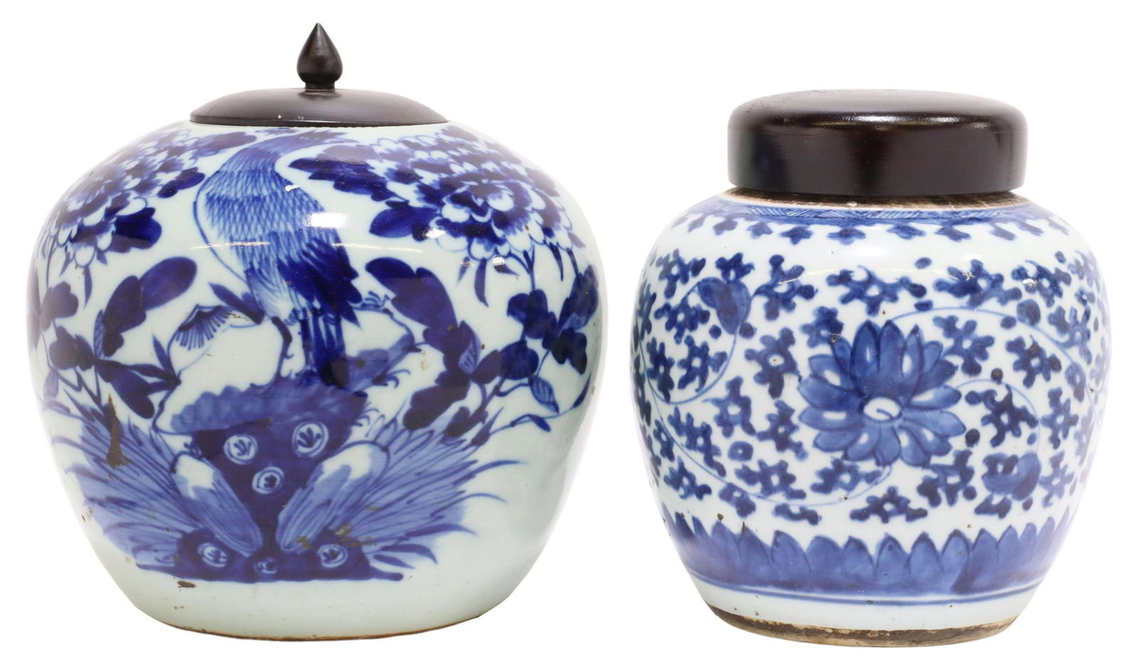 (2) CHINESE BLUE AND WHITE PORCELAIN MELON JARS: (lot of 2) Chinese blue and white porcelain lidded melon jars, in varied sizes, both with cobalt florals, (one) with central bird, on celadon ground, star fracture underfoot, largest: 9.25"h, 8.5"diam