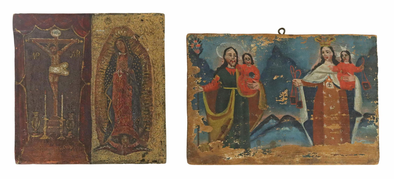 (2) OIL ON WOOD & CANVAS TWO-PART RETABLOS: (lot of 2) Two-part retablos, late 19th/ early 20th c., including: (1) oil on wood, depicting San Jose (Saint Joseph) art the left, and Nuestra Senora del Monte Carmelo (Our Lady Mount Carmel) at the