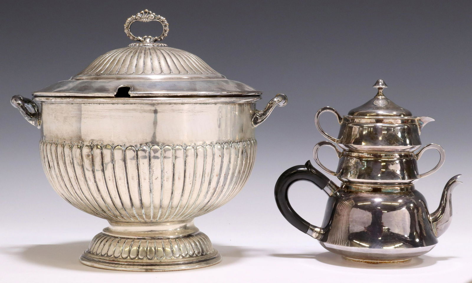 (2) SILVERPLATE TABLE ITEMS, STACKED TEA & TUREEN (1 of 5)