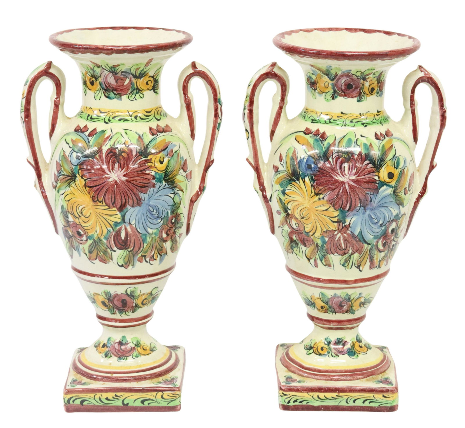 (2) VESTAL ALOBACA PORTUGAL PORCELAIN GARNITURES: (pair) Hand-painted porcelain garnitures, Vestal Alobaca, Portugal, marked MD.209, having dual handles, in floral design, rising on square base, approx 13"h, 7"w, 5"d, 7lbs total Start Price: $50.00