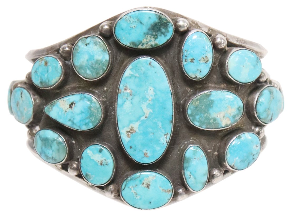 NATIVE AMERICAN SILVER & TURQUOISE CLUSTER CUFF (1 of 3)