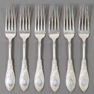 (6) WHITING ARABESQUE STERLING SILVER FORKS: (lot of 6) American sterling silver forks, Whiting Manufacturing Company, retailed by Bailey & Company, in the "Arabesque" pattern, designed by Charles Osborne (American, 1847-1920), monogrammed, appr