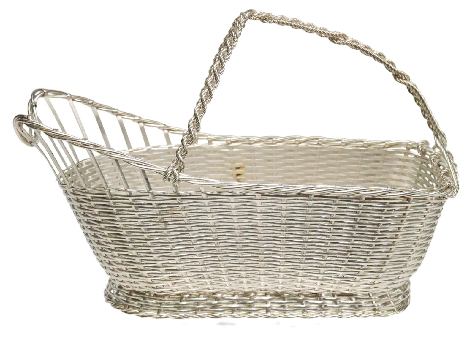 FRENCH CHRISTOFLE SILVERPLATE WINE BOTTLE BASKET: French silverplate wine bottle basket, Orfevrerie Christofle, twisted wire handle, woven basket design, approx 6.25"h, 9.25"w, 4.25"d, 0.75lbs (for shipping purposes only) Start Price: $60.00