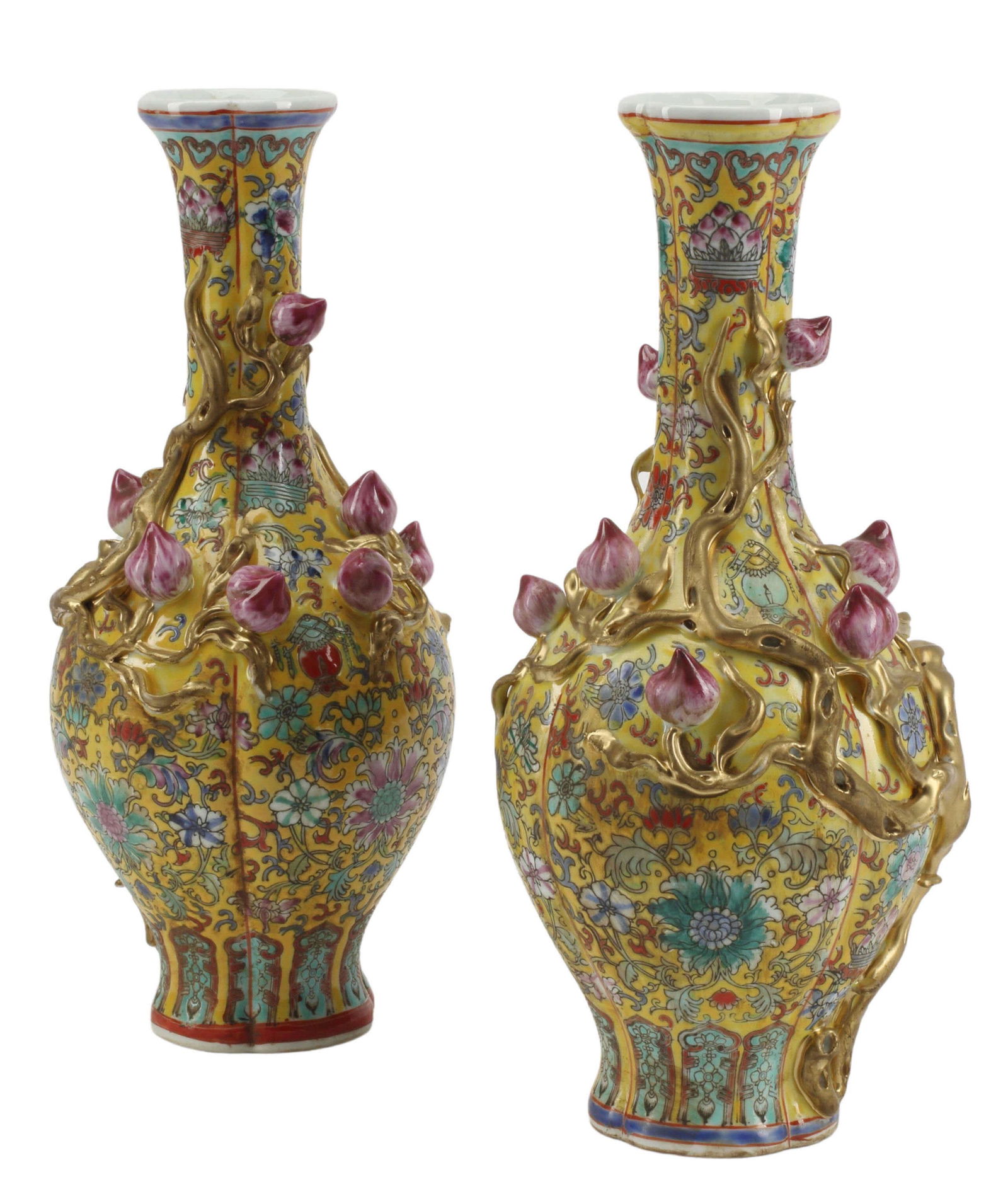 (2) CHINESE YELLOW GROUND FAMILLE ROSE PEACH VASES (1 of 4)