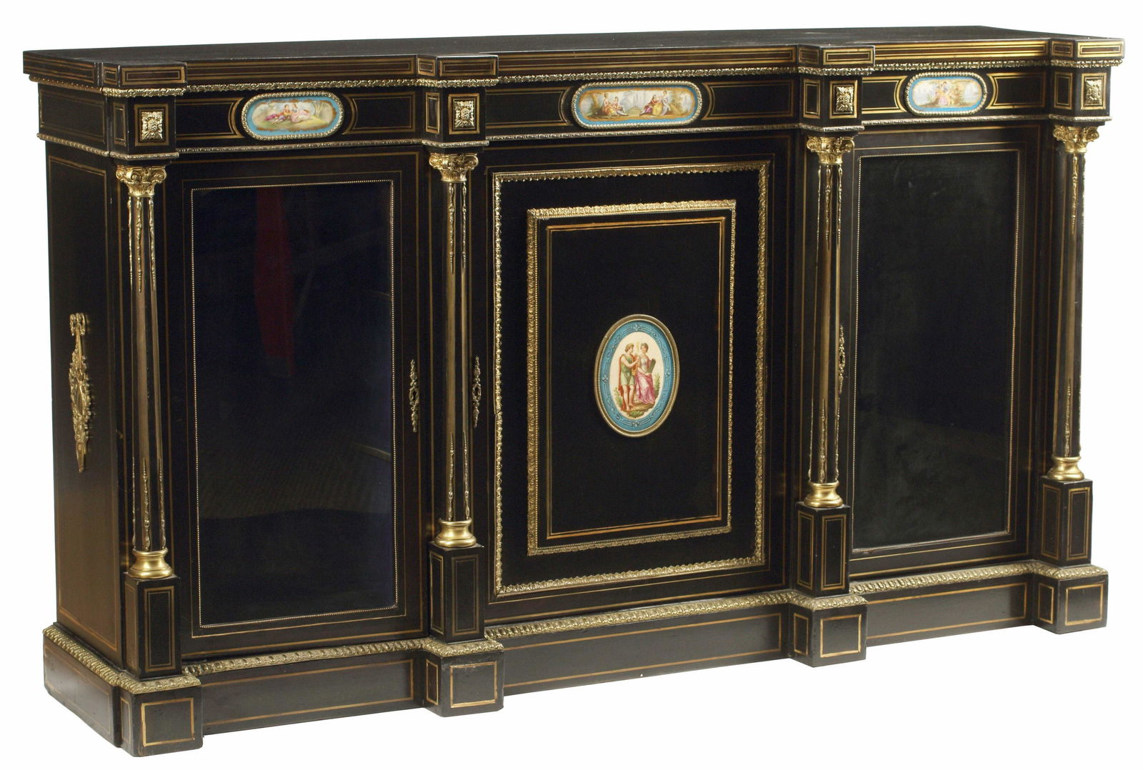 PORCELAIN & ORMOLU-MOUNTED EBONIZED SIDEBOARD (1 of 5)