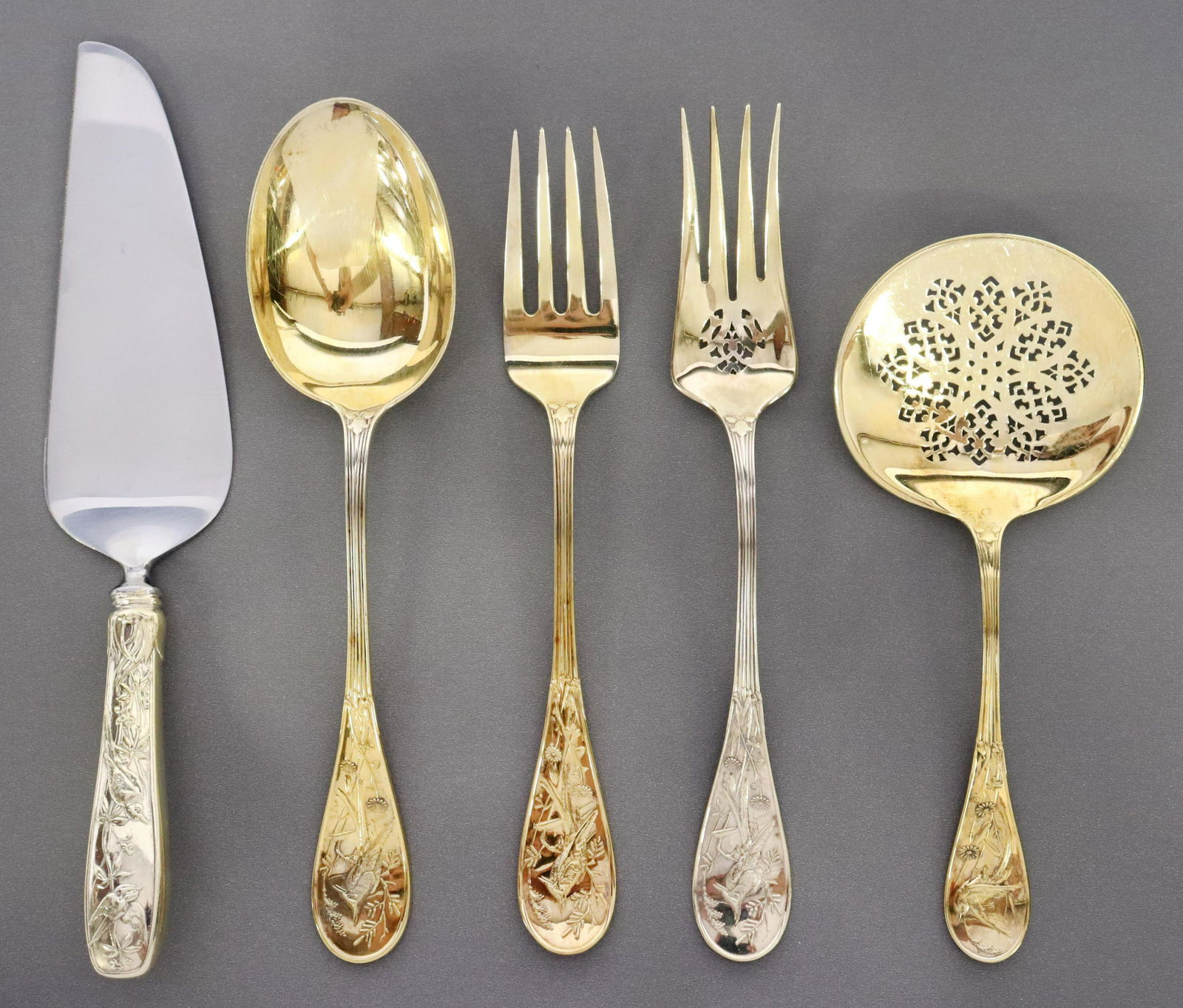 (5) TIFFANY AUDUBON SILVER GILT SERVING FLATWARE (1 of 5)
