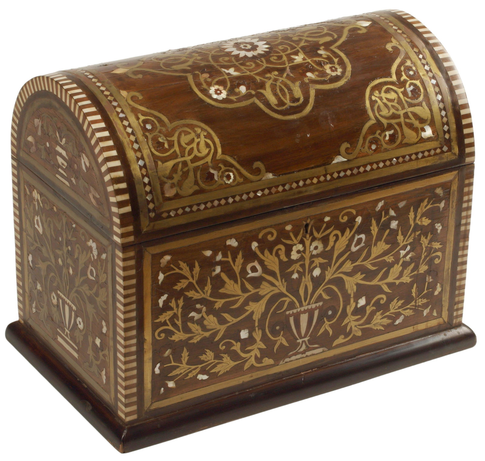 BRONZE & MOTHER-OF-PEARL INLAID DOMED CASKET: Bronze and mother-of-pearl inlaid domed casket, with some veneer lifting and loss, approx 17"h, 21.5"w, 13.5"d Start Price: $300.00