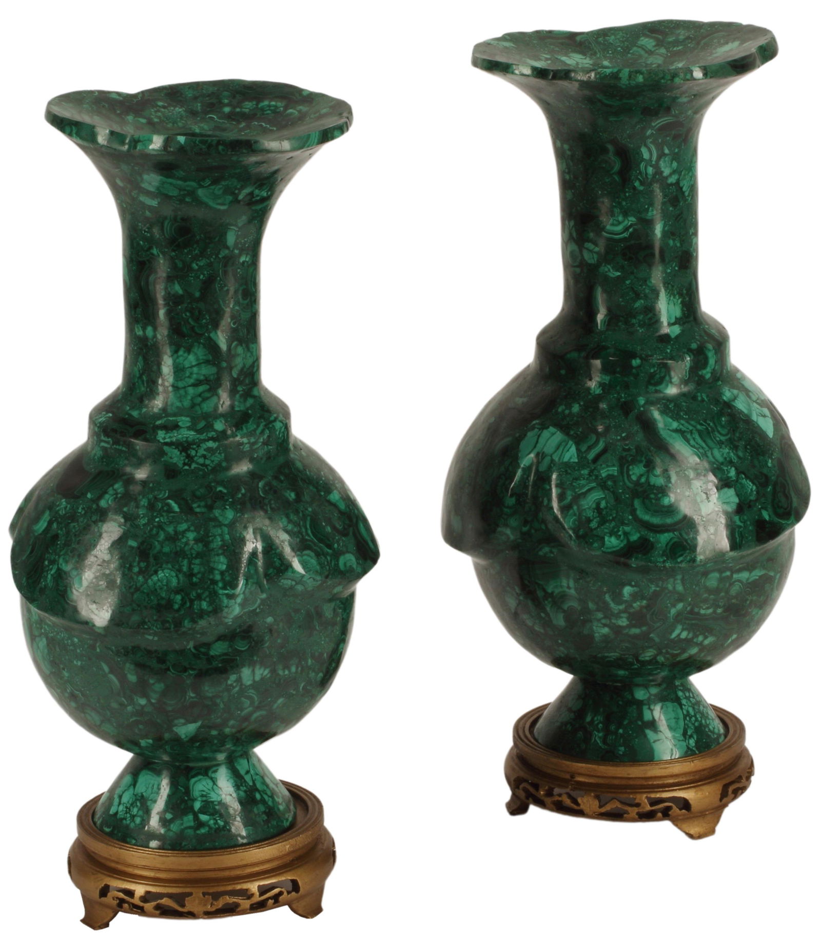 (2) MALACHITE TILED VASES ON CARVED WOOD STANDS (1 of 3)