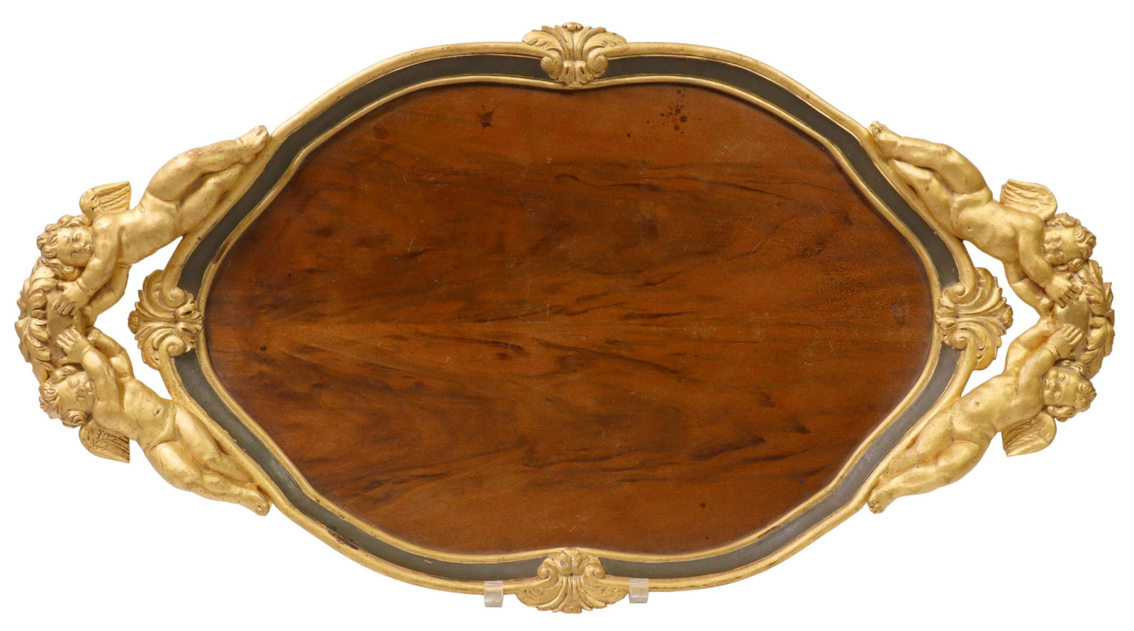 ITALIAN PARCEL GILT CHERUB HANDLE SERVICE TRAY: Italian parcel gilt service tray, 20th c., with winged cherub handles, approx 30"l, 16.5"w, 4.25lbs Start Price: $200.00