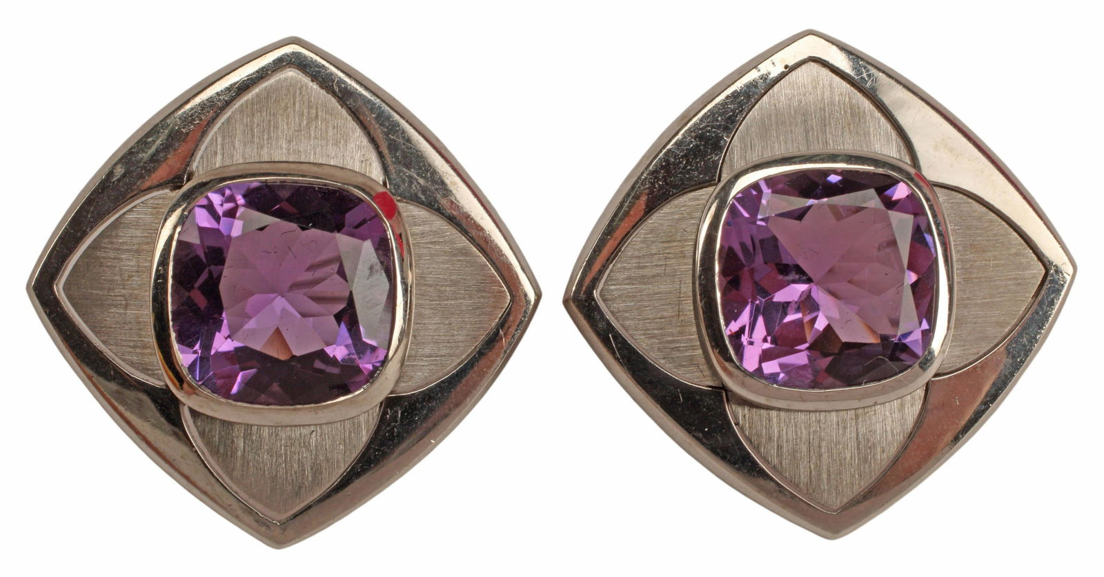 (2) ENGLISH 18KT WHITE GOLD & AMETHYST EARRINGS: (pair) Estate 18kt white gold and amethyst earrings, English hallmarks with maker's initials SW, possibly for Stephen Webster (English, b.1959), c.2000, post and French clip backs, approx 1 1/8"l, 1 1