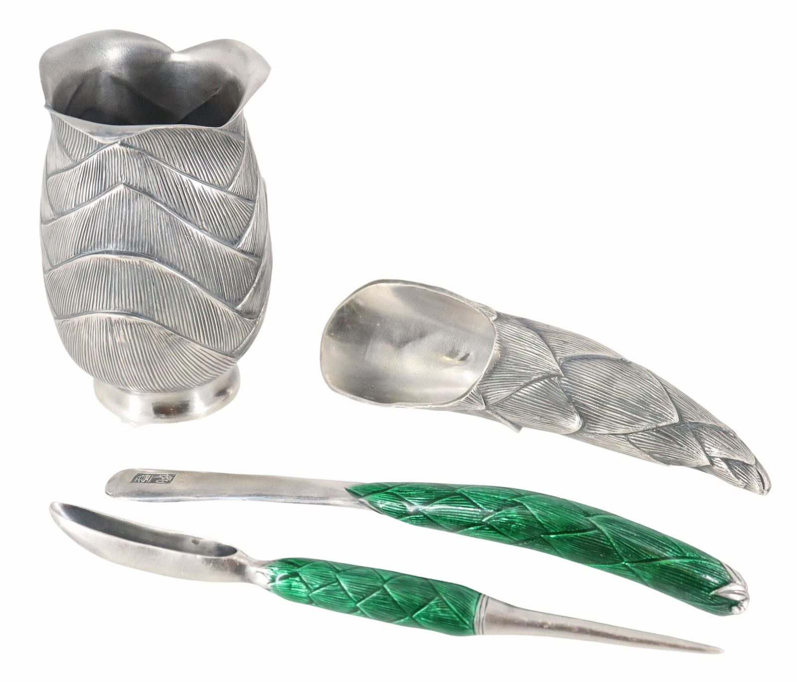 (4) JAPANESE SILVER & ENAMEL TEA CEREMONY UTENSILS (1 of 6)