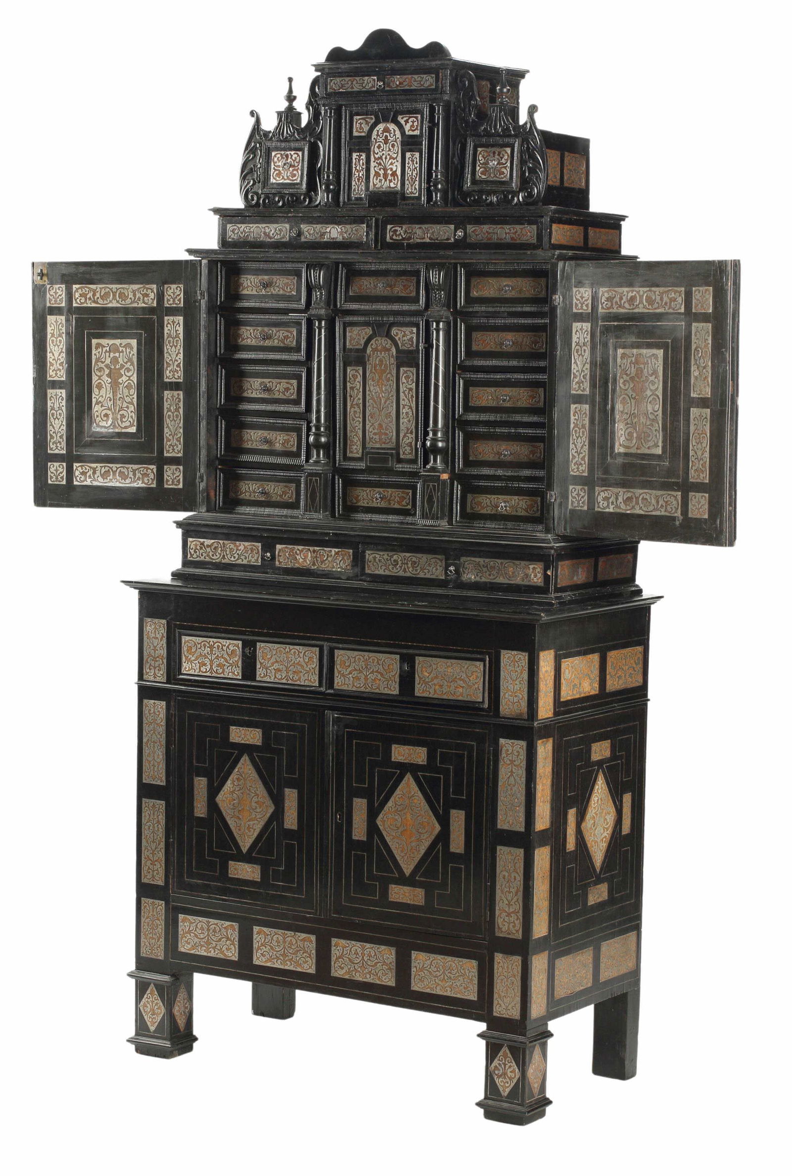 CONTINENTAL PEWTER-INLAID CABINET ON STAND (1 of 6)