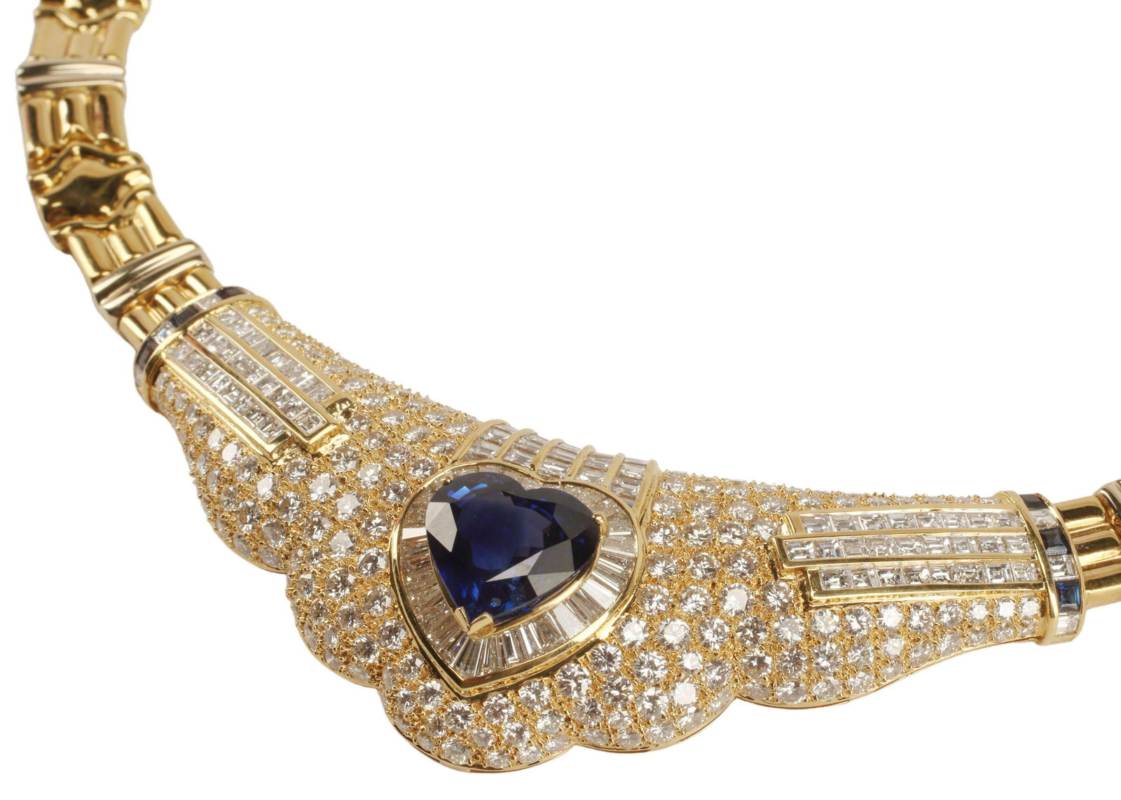 ADRIANO CHIMENTO 18KT, SAPPHIRE & DIAMOND NECKLACE: Estate Italian 18kt yellow gold necklace, Adriano Chimento, set with 8.17ct heart-shaped sapphire, numerous diamonds, approx 14.00cttw, colorless, average clarity: VS, Italian hallmark 408 with Vicenz