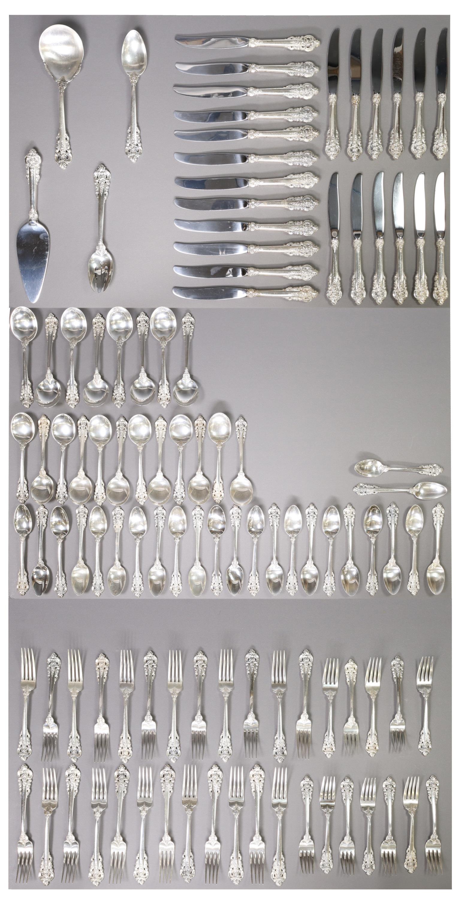 (108) WALLACE GRANDE BAROQUE STERLING FLATWARE SET: (lot of 108) American sterling silver flatware service, Wallace Silversmiths, in the "Grande Baroque" pattern, including: (12) hollow handle knives, 9.75"l, (12) hollow handle knives, 8 7/8"l, (12) fo