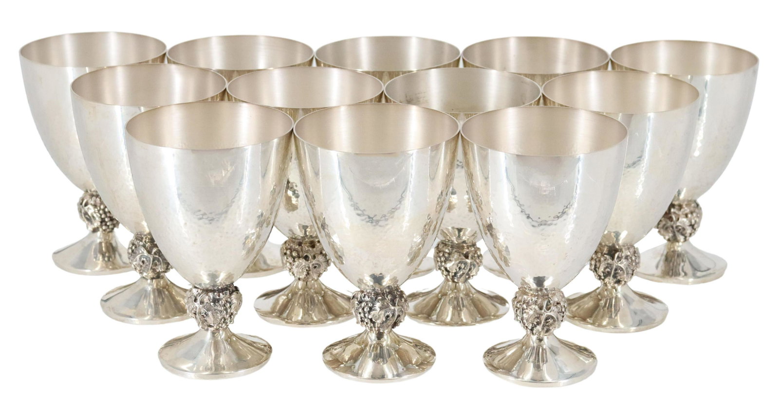 (12) SPANISH .915 SILVER WEIGHTED WINE GOBLETS: (lot of 12) Spanish .915 silver goblets, bowl with hammered texture, grape cluster stem, on a weighted foot, pentagram hallmark, maker's mark 464 B, (one) with dent to bowl, approx 5"h, 3.25"diam; 1,7