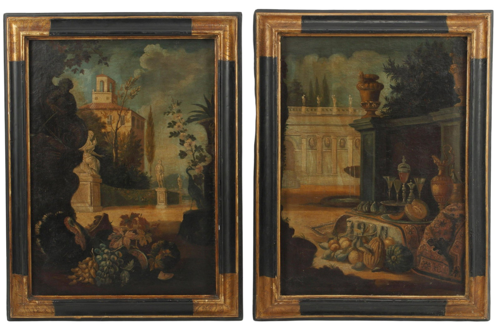 (2) CONTINENTAL SCHOOL STILL LIFE PAINTINGS: (lot of 2) Framed oil on canvas paintings, including: (1) Still Life of Fruit with Turkey and Peacock, (1) Still Life of Fruit and Wine, sight: approx 30.5"h, 22"w, overall: approx 37", 28.5"w, 22.5lb