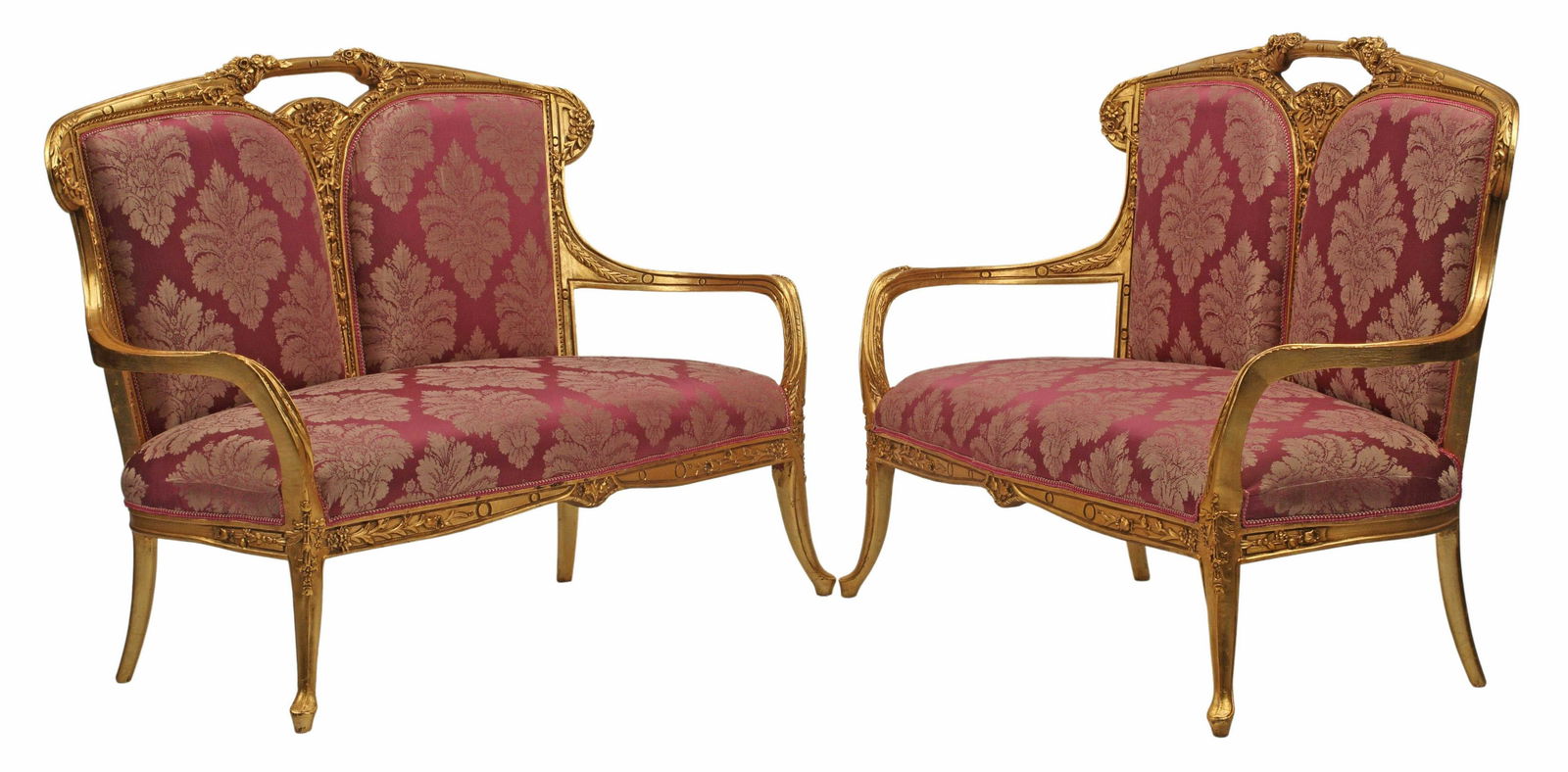 (2) ART NOUVEAU STYLE GILT & UPHOLSTERED SETTEES: (pair) Art Nouveau style gilt settees, approx 45.5"h, 62"w, 23"d Start Price: $600.00