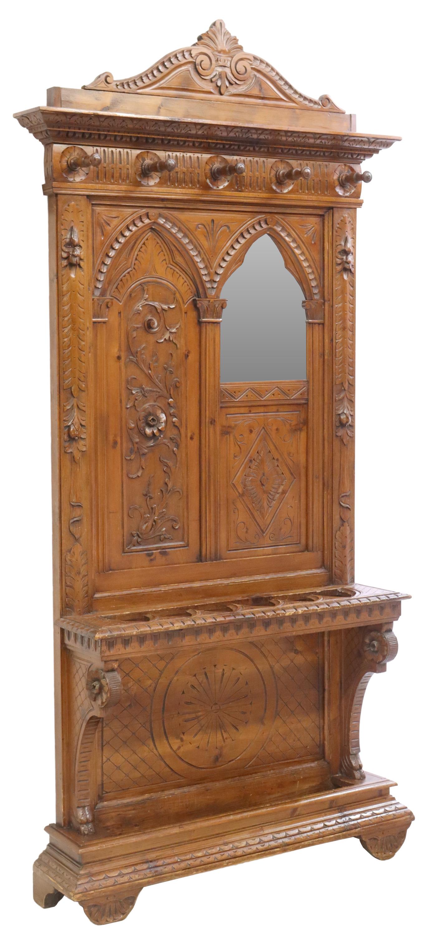 GOTHIC REVIVAL CARVED WALNUT MIRRORED HALL TREE (1 of 4)
