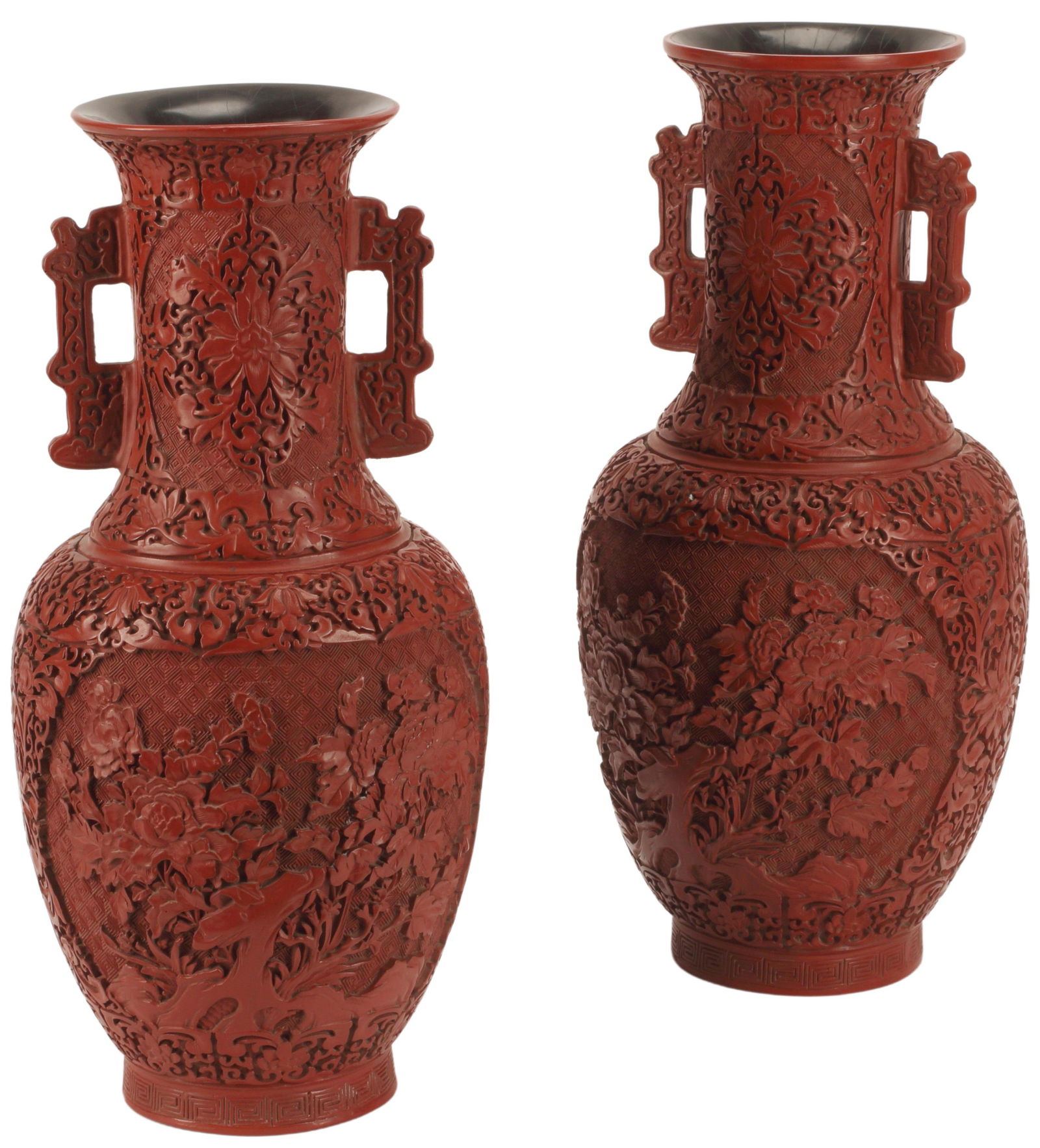 (2) CHINESE CINNABAR HANDLED VASES (1 of 4)