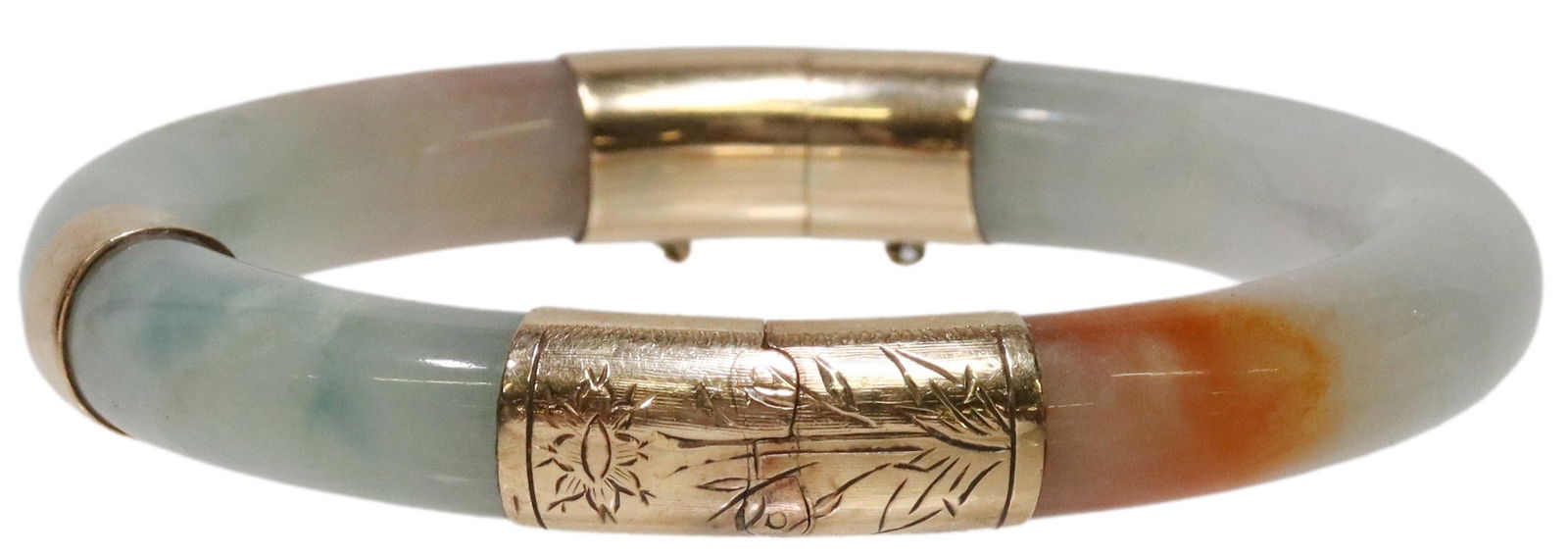 CHINESE JADE & 14KT YELLOW GOLD HINGED BANGLE (1 of 4)