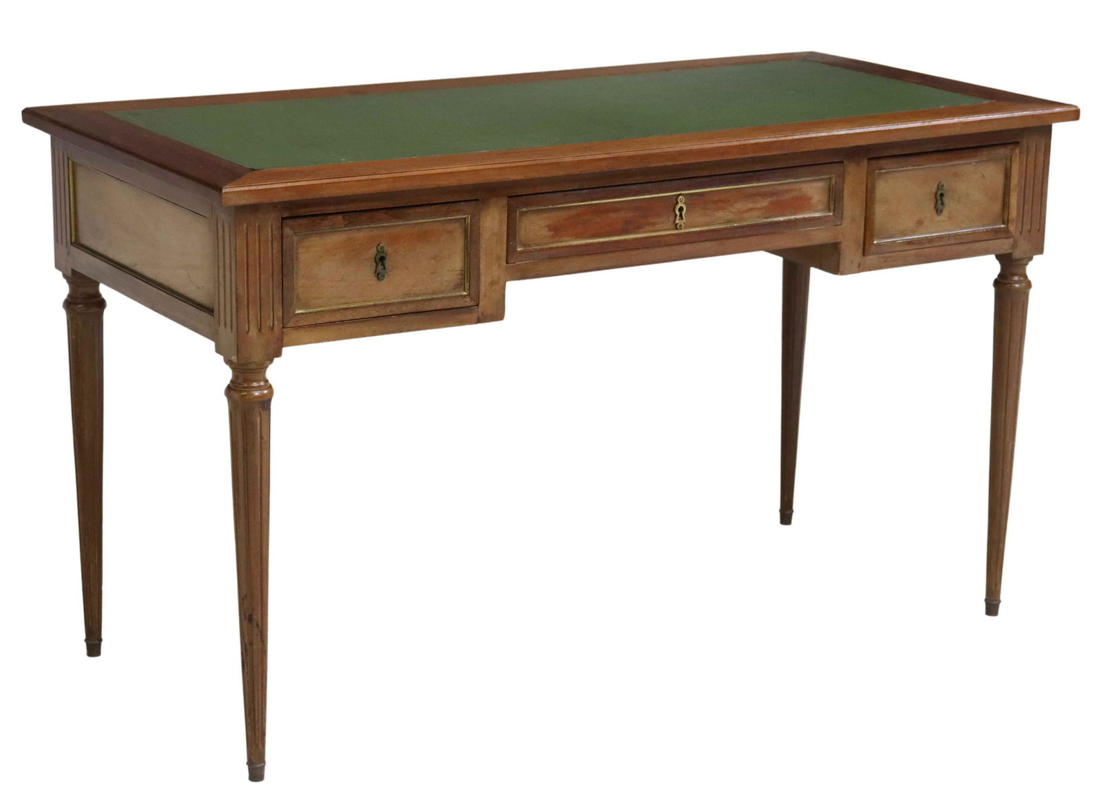 FRENCH LOUIS XVI STYLE BUREAU PLAT WRITING DESK: French Louis XVI style writing desk, 20th c., inset writing surface, three drawers, rising on tapering fluted legs, faded finish, approx 29.75"h, 51.25"w, 23.5"d Start Price: $350.00