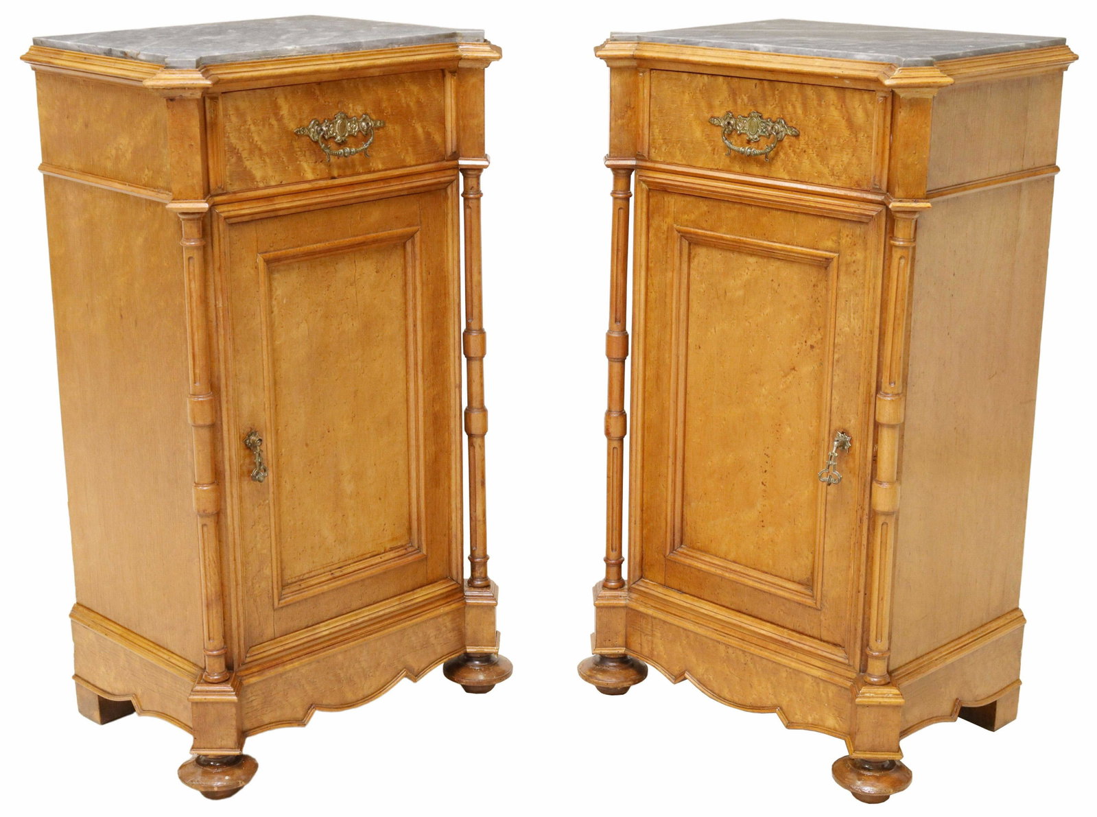 2) ITALIAN BIRDSEYE FIGURED MARBLE-TOP NIGHTSTANDS: (pair) Italian birdseye figured marble-top nightstands, 19th c., having single drawer, over single cabinet, opening to shelved interior, flanked by fluted and turned side supports, rising on turned fe