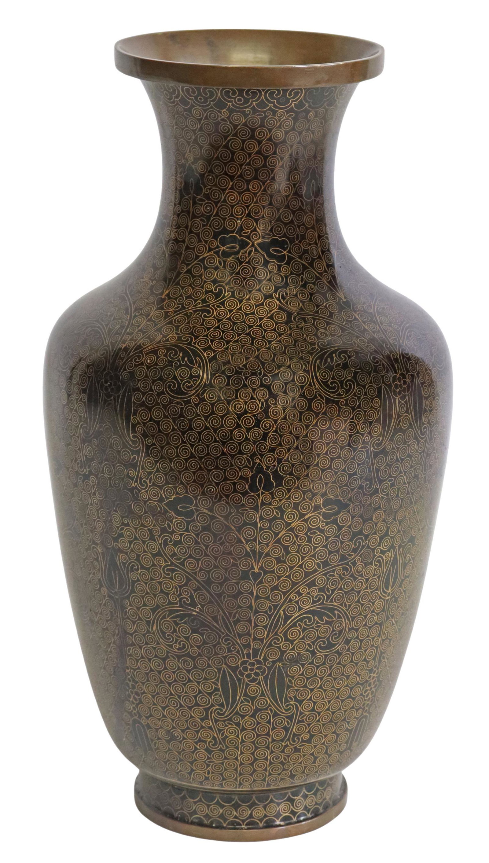 CHINESE BLACK CLOISONNE ENAMEL BALUSTER VASE: Chinese cloisonne enamel vase, baluster form, black enamel ground, wire scrolling patterns, marked China underfoot, some small losses to enamel, approx 12.5"h, 6.5"diam, 2.25lbs Start Price: $80.00