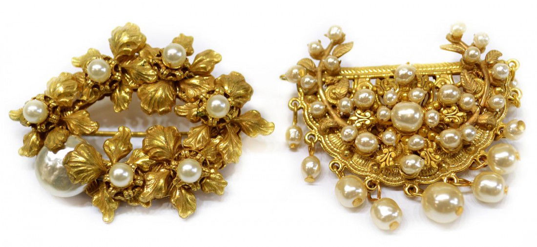 VINTAGE MIRIAM HASKELL GILT & FAUX PEARL BROOCH: (lot of 2) Vintage Miriam Haskell brooches: (1) an oval ring of gilt metal flowers set with faux pearls, signed oval, 2"l, 1.5"w; (1) ornate brooch mounted with faux pearls on a gilt metal foliated fr