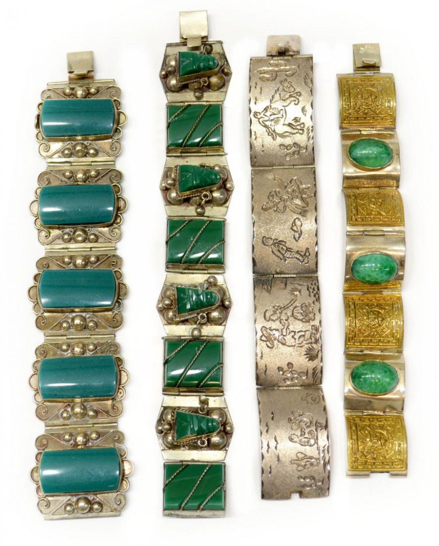 LOT VINTAGE MEXICAN STERLING & ALPACA BRACELETS: (lot of 4) Vintage silver bracelets, Mexico: (1) set with green stones and dangling balls, marked 'Sterling 925, N.S., Taxco, overall: 8"l; (1) having engraved figural scenes on textured bar links, wi