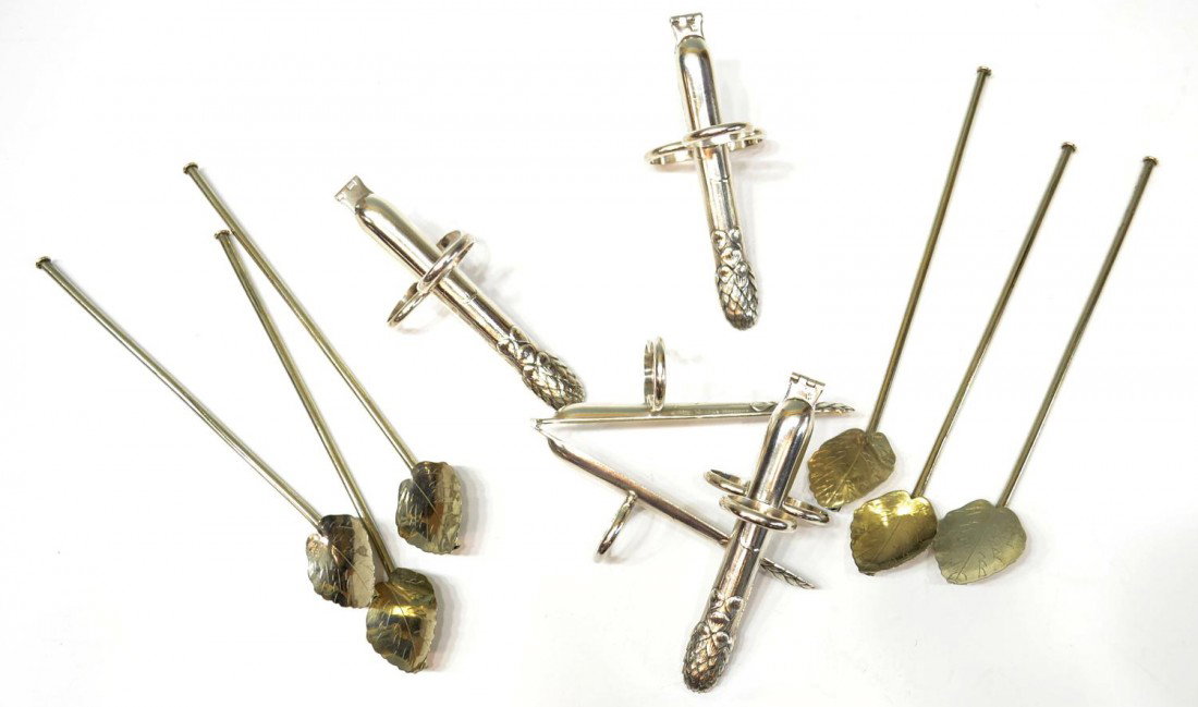 STERLING STIR STRAWS & ALPACA ASPARAGUS TONGS: (lot of 10) A set of (6) sterling Mint Julep sipper straw spoons, 8"l, 1.85ozt total; together with (4) individual figural asparagus tongs, with finger fittings, marks somewhat obliterated, lama, Alpa