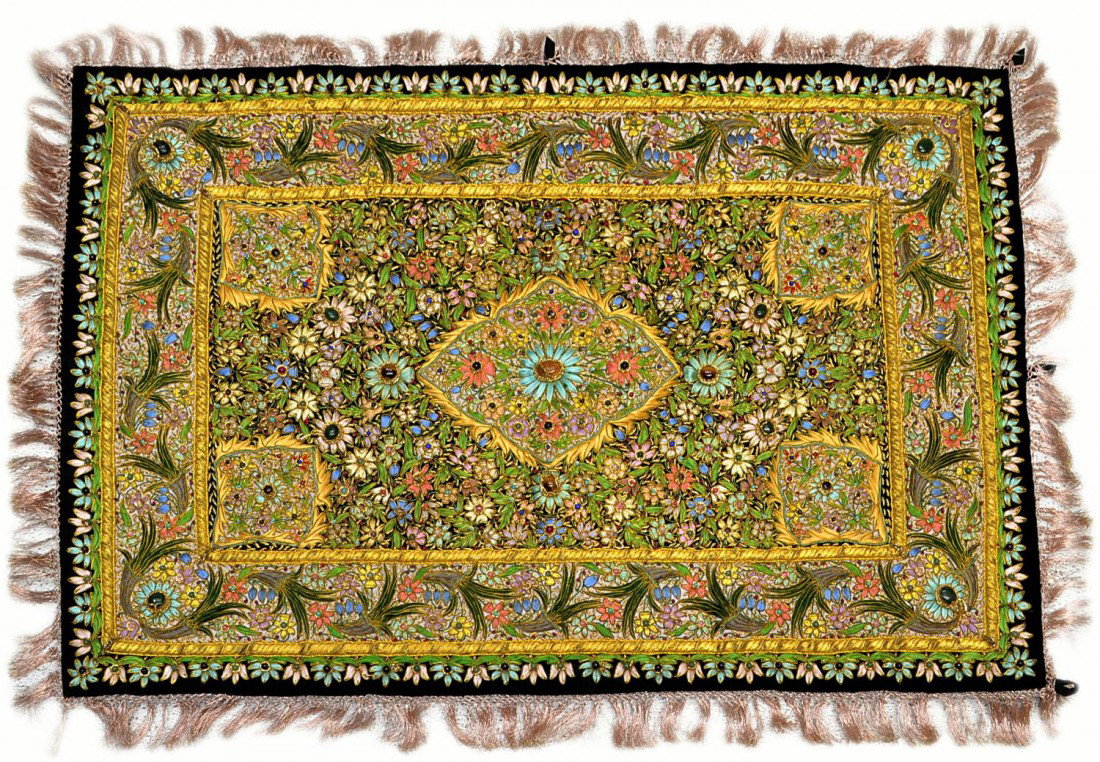 WALL HANGING, SEMI-PRECIOUS STONE & GILT THREAD: Wall hanging profusely woven with heavy gilt thread in dense floral and foliate patterns set with semi-precious and hardstone cabochons including cats eye, quartz, turquoise, green hardstone, etc, fri