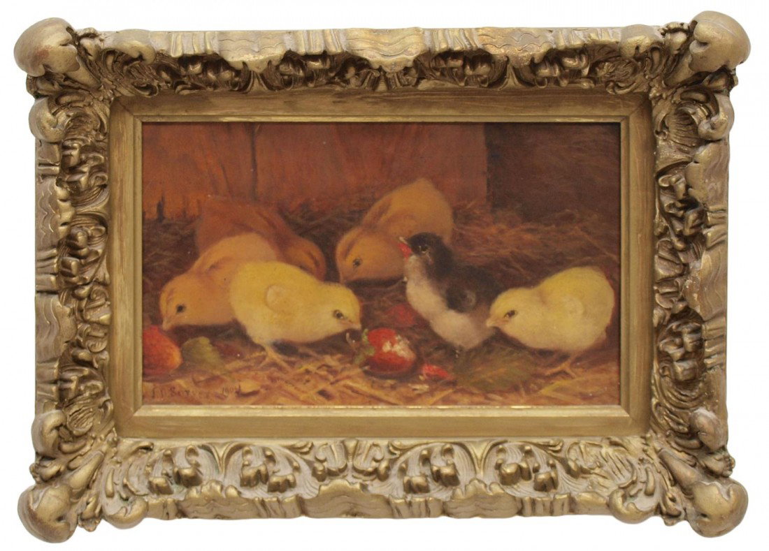 PAINTING:CHICKENS & STRAWBERRIES, J.D. SORVER 1904: Framed oil painting on board, Chicks & Strawberries, signed, dated lower left, J.D. Sorver, 1904 (American, Pennsylvania, 19th-20th c.), sight: 7"h, 11"w, overall: 12"h, 15.5"w, 4.5lbs Start Price: $2