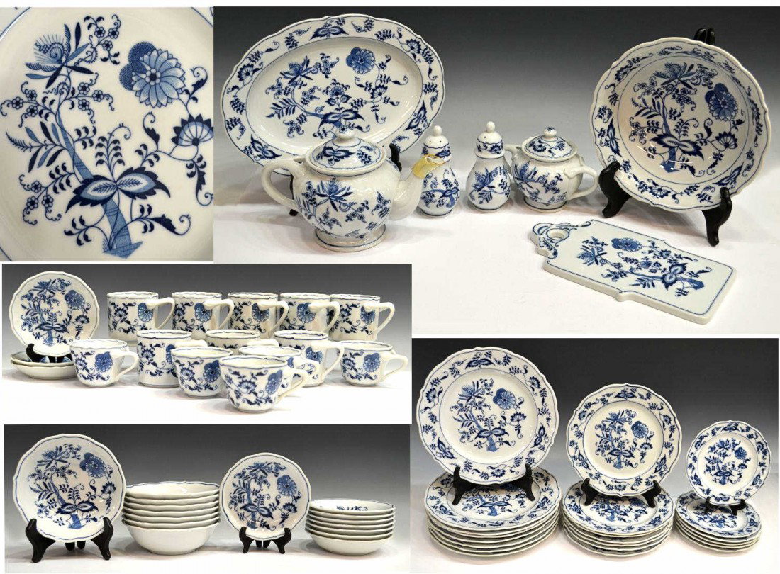(59) BLUE DANUBE PORCELAIN DINNER SERVICE: (lot of 59) Blue Danube porcelain dinner service, comprising: (7) dinner plates, 10"diam; (7) luncheon plates, 8.75"diam; (6) bread plates, 7"diam; (8) bowls, 2"h, 6"diam; (8) berry dishes, 5.5"diam; 
