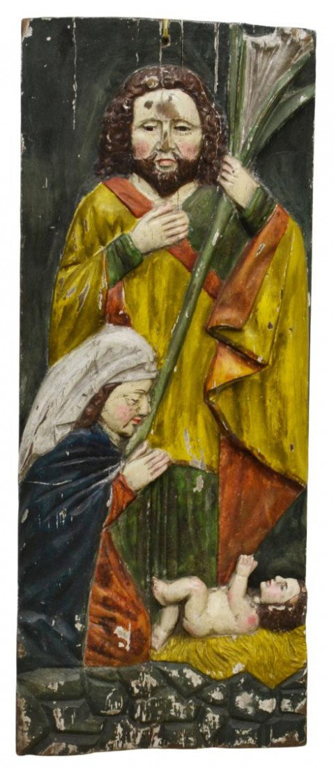 ANTIQUE RELIGIOUS MEXICO CARVED WOOD PANEL: Antique Mexico polychrome religious carving on wood panel depicting Joseph, Mary and The Christ Child, 24.5"h, 9.75"w, 4lbs Start Price: $150.00