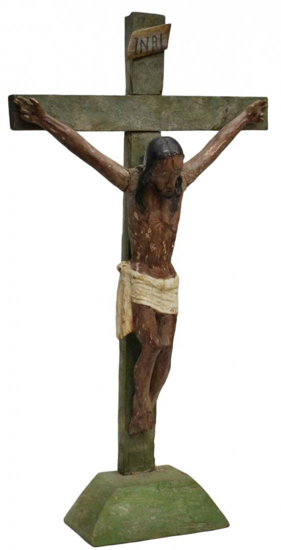 ANTIQUE RELIGIOUS CRUCIFIX, CARVED WOOD, 17"H: Religious Crucifix, Mexico, 19th c., hand carved wood Christ figure with remnants of polychrome paint, mounted on a cross under the plaque "INRI", figure: 17"h, 14.5"w, overall: 27"h, 14.5"h, 4.5"d, 4