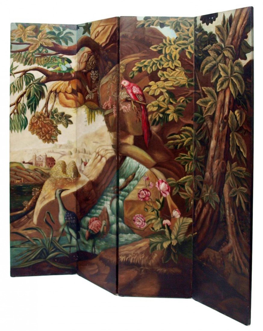 MAITLAND-SMITH HAND PAINTED DRESSING SCREEN: Large Maitland- Smith four panel dressing screen / divider, 20th c., with hand painted jungle scene with river and castle to one side, 80.25"h, each panel: 20"w, closed: 80.25"h, 4"w Start Price: $200