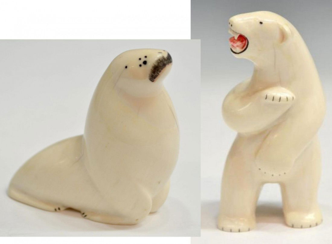 146: VINTAGE INUIT IVORY WALRUS & POLAR BEAR CARVINGS
