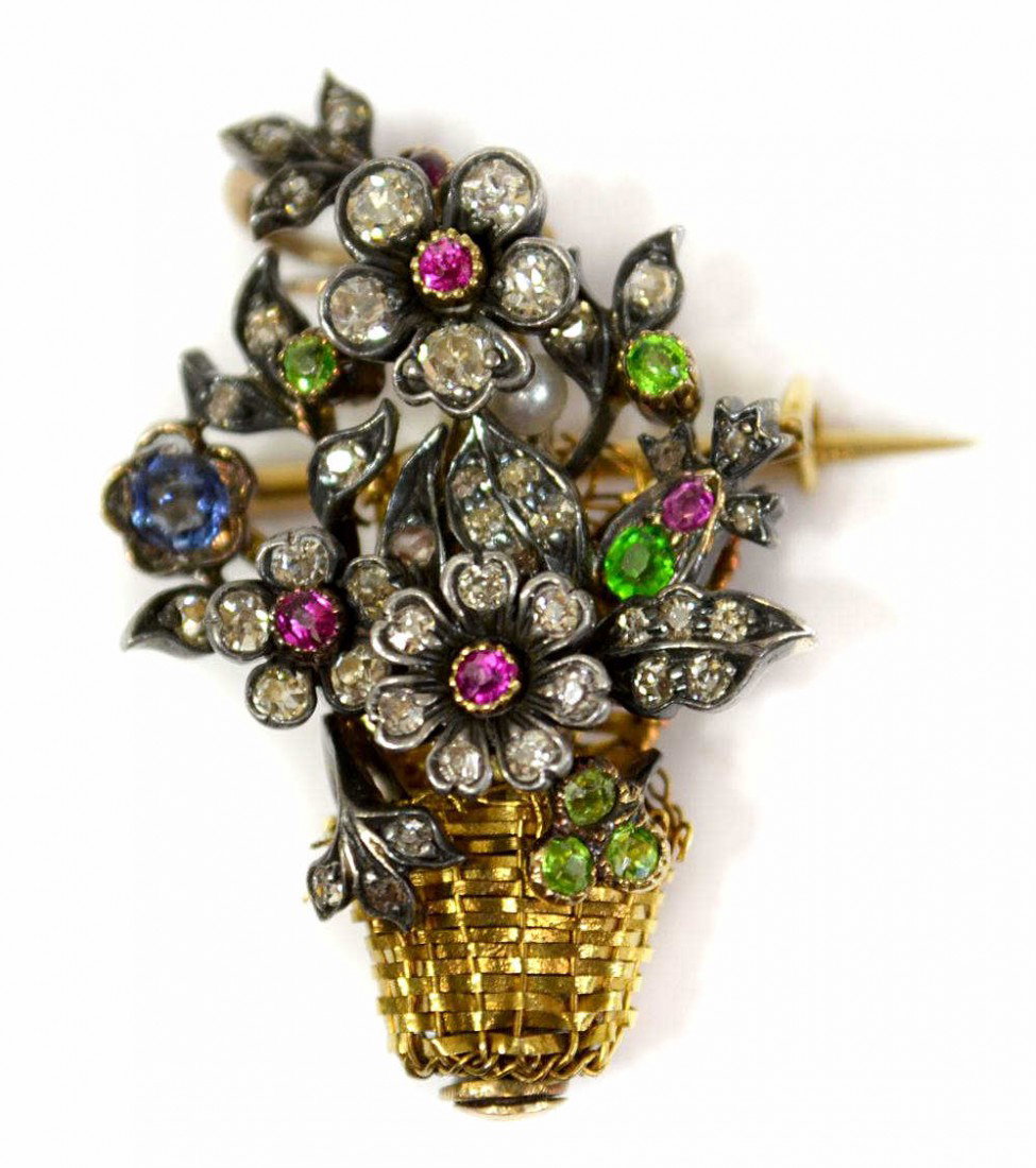 GEORGIAN-STYLE GIARDINETTI GEMSET 14KT PENDANT: Ladies Antique Georgian-style 'giardinetti' gemset pendant / brooch in 14kt gold and settings in silver resembling flowers and foliage, a woven basket in gold wire, a 14kt yellow gold spine down the b