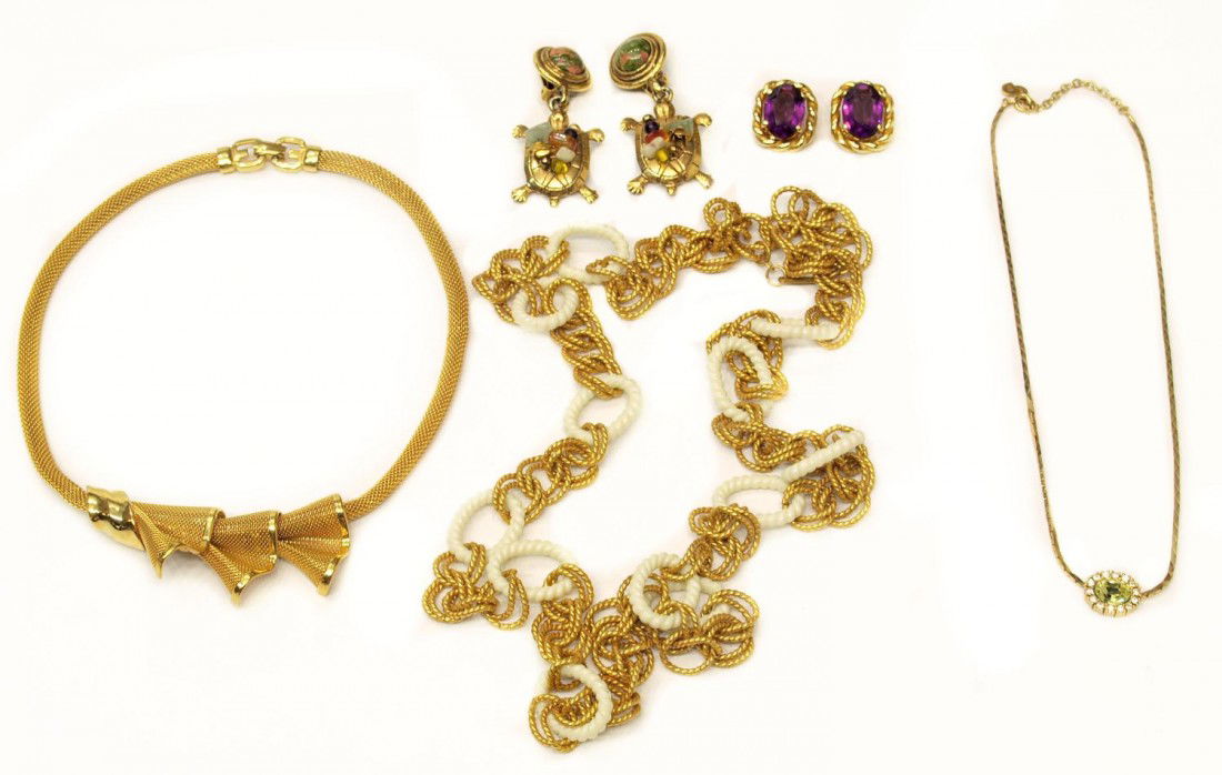 VINTAGE COSTUME JEWELRY, GIVENCHY, DIOR, HASKELL: (lot of 7) Vintage designer costume jewelry group: (1) Givenchy gilt metal mesh necklace, fluted ribbon design, on side with slight dent, 16"l; (1) Miriam Haskell necklace, c. 1975-1980's, gilt metal