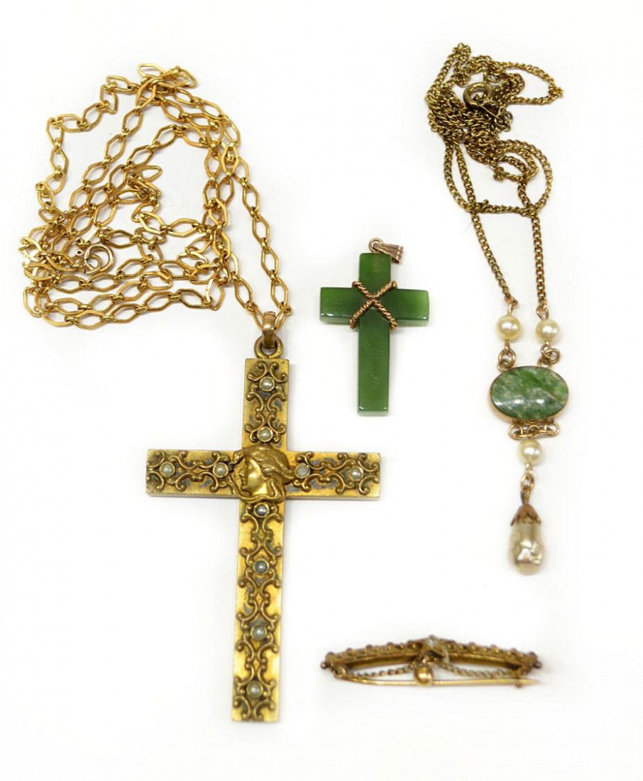 ANTIQUE EUROPEAN 16KT GOLD PIN & OTHER JEWELRY: (lot of 4) An antique European diamond set estate pin of arched form with dangle, hallmarked 15, 625, anchor and other marks, 1.5", 1.80 grams; (1) jade cross with 14kt gold fittings, 1.25"l; together