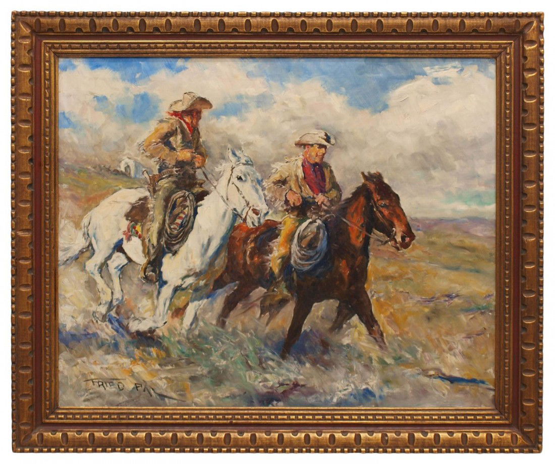 WESTERN COWBOY PAINTING, PAL FRIED (1893-1976): Framed oil painting on canvas, "The Road West", signed lower left Fried Pal (Pal Fried, Hungary, New York, 1893-1976), sight: 23.5"h, 29.25"w, overall: 29.5"h, 35.75"w, 8.75lbs Start Price: $400.00