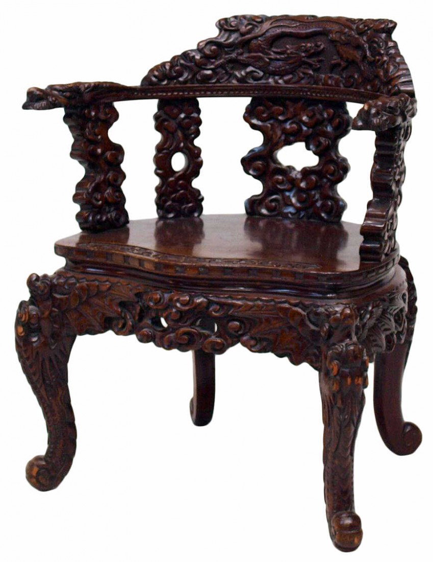 CHINESE ROSEWOOD DRAGON CHAIR: Carved Chinese rosewood chair, first half 20th c., relief carved dragon crest rail flanked by foliate supported dragon head arms, a demilune seat with carved band, all supported by cabriole legs with 