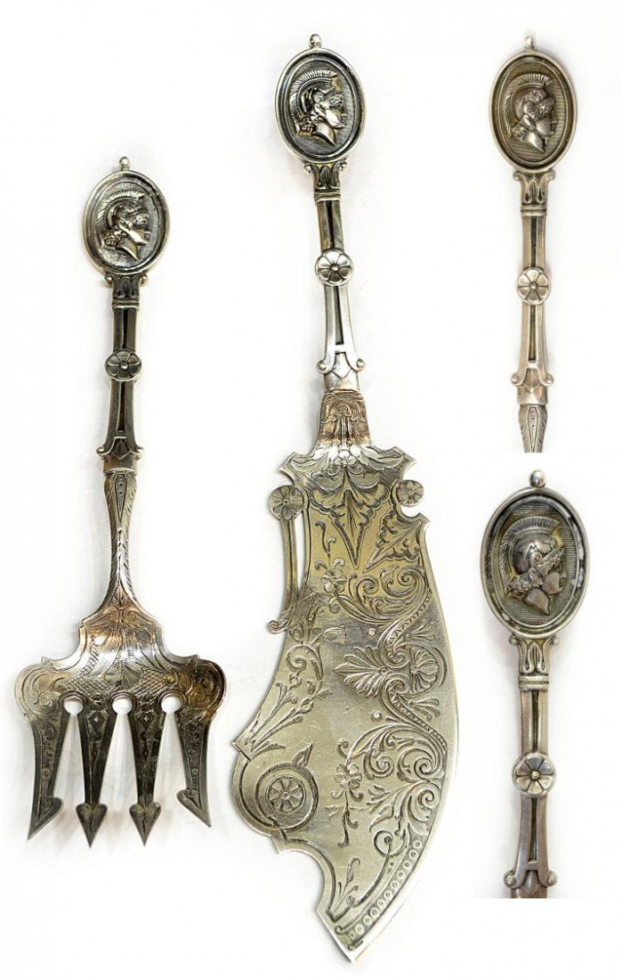 JOHN WENDT MEDALLION ENGRAVED STERLING FISH SET: (set of 2) Fine American sterling silver fish service, John Wendt, active New York 1850-1870's, for Black Ball & Company, in the Medallion pattern, c. 1862, comprising master fish knife and fork, each
