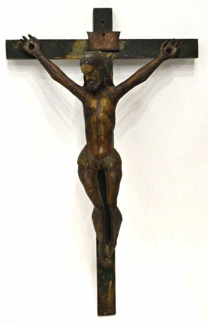 ANTIQUE RELIGIOUS CRUCIFIX, CHRIST FIGURE, 23"H: Mexico crucifix, the Christ figure, 19th c., believed to be made of corn paste, cloth, gesso, polychrome paint fine detail including visible muscles, ribs, veins, cross likely later with "INRI" inscri