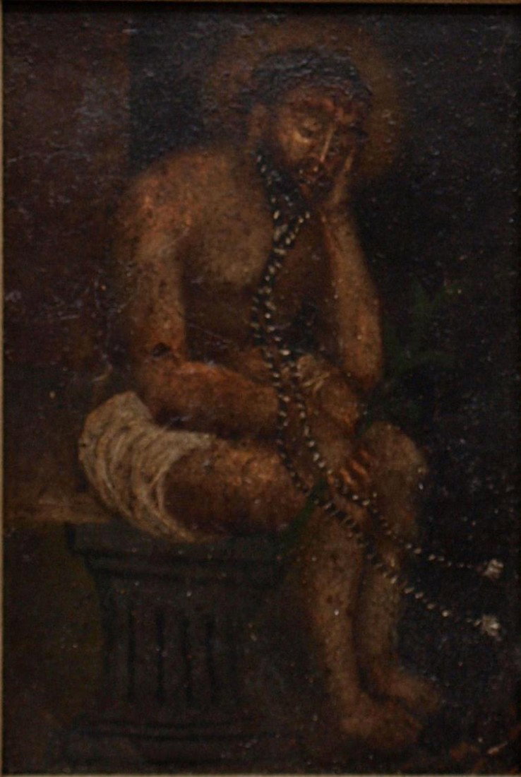 ANTIQUE RELIGIOUS PAINTING, MEXICO, MAN OF SORROWS: Framed oil painting on copper panel, Man of Sorrows, anonymous, Mexico, 19th c., sight: 6.25"h, 4.25"w, overall: 9"h, 7"w, 1lb Start Price: $100.00