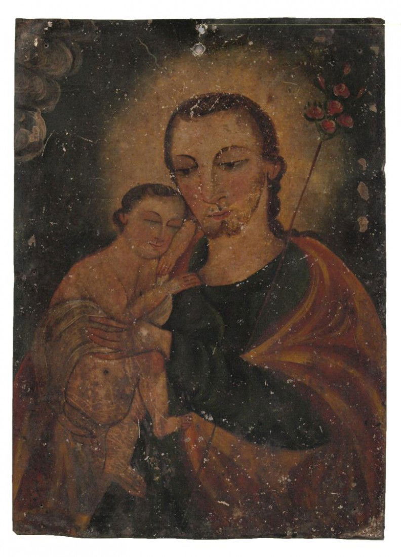 RELIGIOUS TIN RETABLO, MEXICO, JOSEPH & CHRIST: Vintage Mexico religious retablo, oil on tin painting of Joseph and The Christ Child, scratches and paint loss, 14"h, 10"w, 1lb Start Price: $100.00