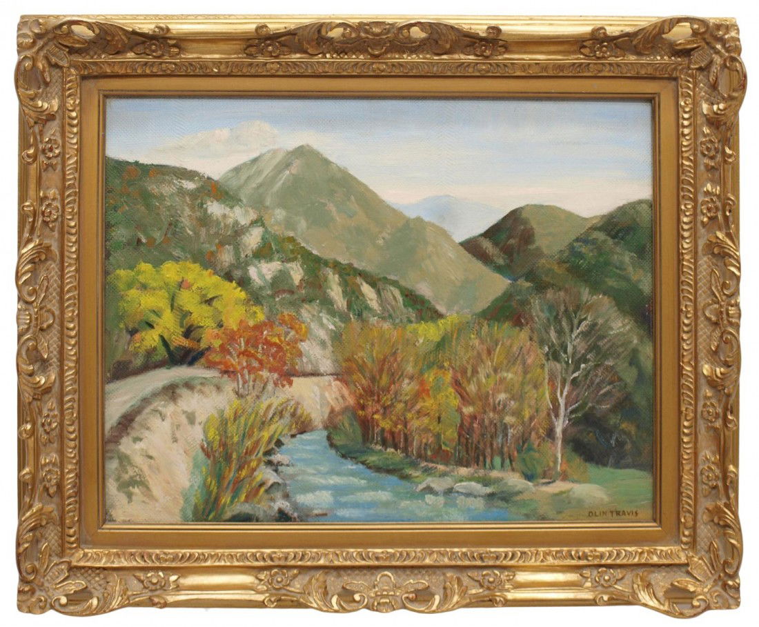 PAINTING, LANDSCAPE, OLIN TRAVIS (TEXAS 1888-1975): Framed oil painting on canvas board, Mountain Stream, signed lower right Olin Travis (Olin Herman Travis, Texas,1888 - 1975), sight: 15.75"h, 19.5"w, overall: 21.75"h, 25.75"w, 8.5lbs Start Price: $80