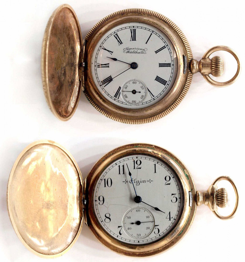 (2) ANTIQUE AMERICAN EGRAVED POCKET WATCHES: (lot of 2) American pocket watches: (1) Elgin National Watch Company, c. 1903, 25 year gold filled hunter case, sn# 10057844, 15 jewels, floral engraved case monogrammed 'G' within a sheild form carto